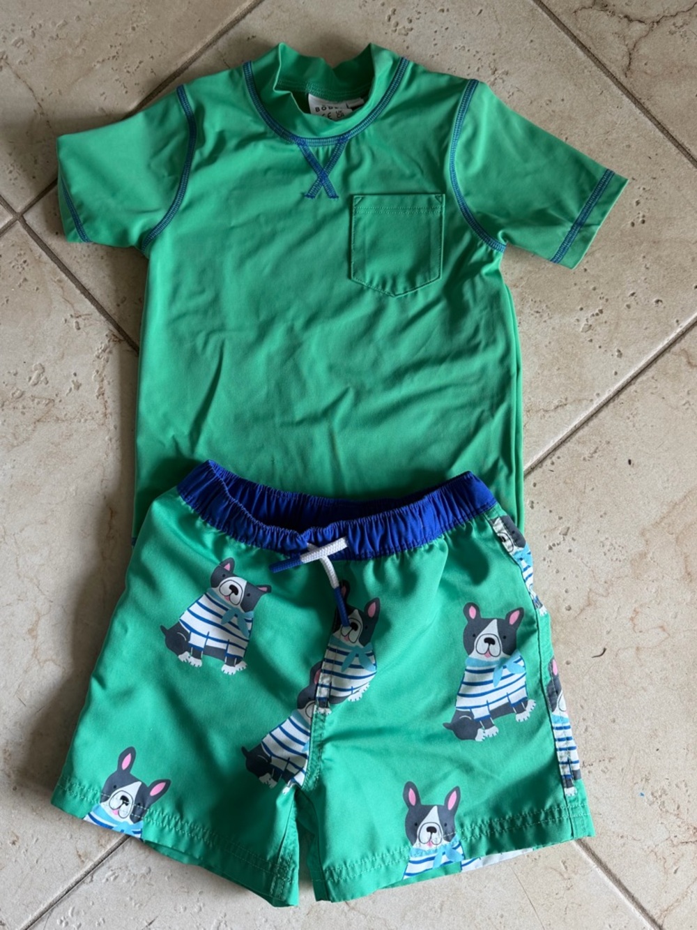 Mini Boden Frenchie Dog Kids Swim Rash guard 2 pc Set